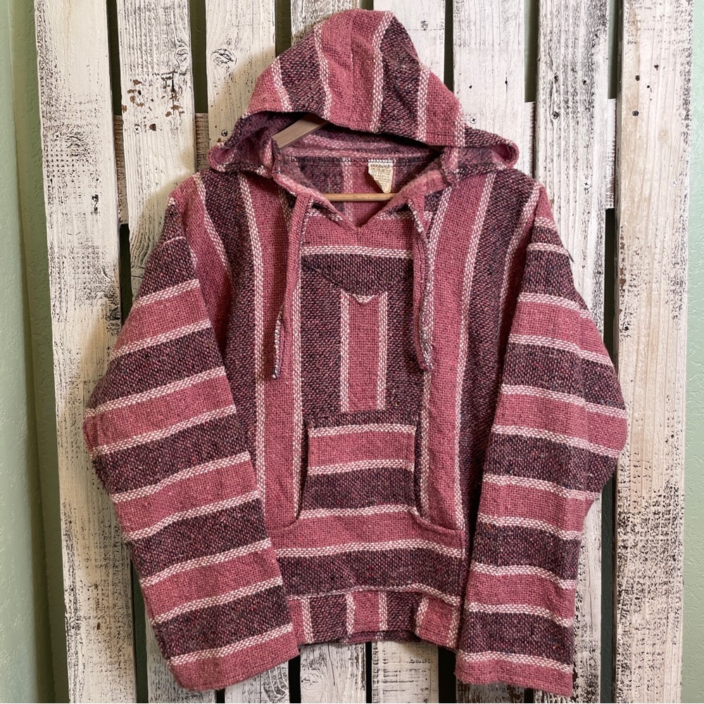 Boho Blanket Poncho Womens Medium Pink Mexico Pullover‎ Hoodie Grunge Surfer Top